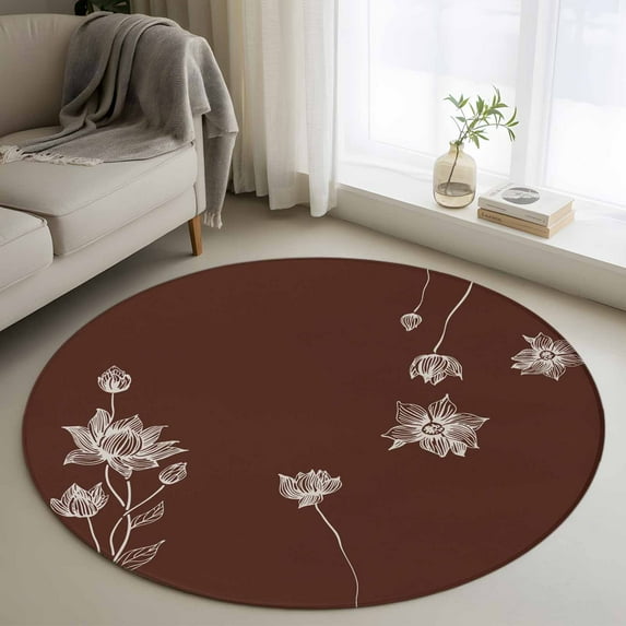 Brown White Floral Round Rug 3ft Washable Circle Entryway Rugs Non Slip Abstract Art Summer Botanical Area Rug Indoor Floor Carpet for Bedroom Kitchen Living Room Home Office Dining Room Nursery