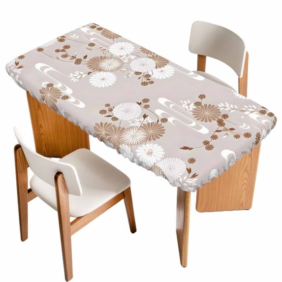 Brown White Floral Table Cloths for 6 Foot Rectangle Tables, Spring Botanical Leaves Farmhouse Patio Waterproof Elastic Fitted Tablecloths, Washable Rectangular Table Cover for Camping