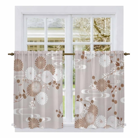 Brown White Floral Tier Curtains 54 Inch Length, Spring Botanical Leaves Farmhouse Cafe Short Curtains for Bathroom Over Sink, Small Kitchen Curtain Light Filtering Tiered Drapes 2 Panels 27.5"Wx54"L