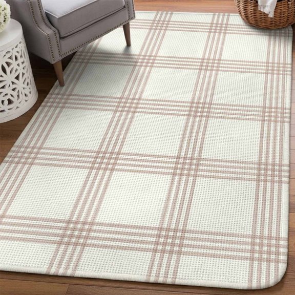 Brown White Gingham Area Rugs for Living Room 5x6, Abstract Vintage Rustic Minimalist Checked Washable Area Rug Non Slip, Stain Resist Linen Carpet for Bedroom, Dining Room, Entryway, Entrance