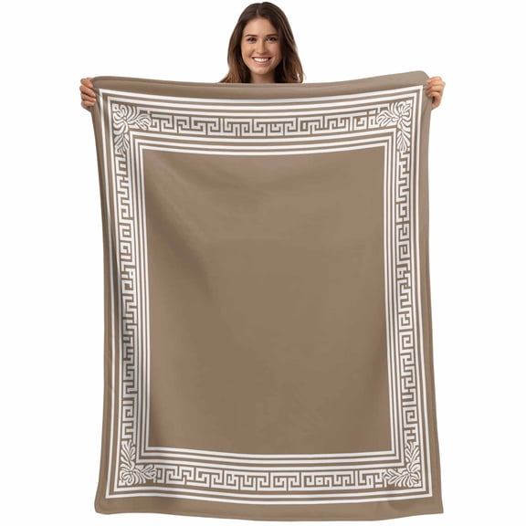 Brown White Greek Key Pattern Throw Blankets, Geometric Modern Soft Fleece Blanket Decorative for Home Sofa Couch Chair Living Bedroom, 30x40 Inches,