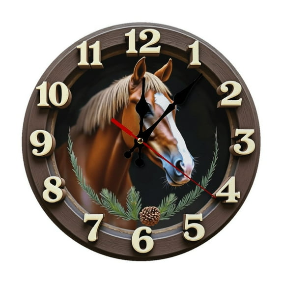 Brown White Horse Wall Clock 10 Inch Silent Non Ticking Round Wooden Clock Decoration for Living Room Kitchen Bedroom Bathroom Office Classroom