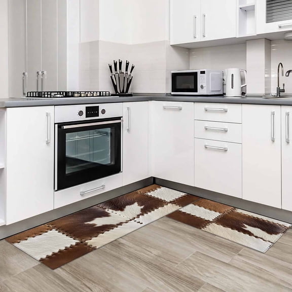 Brown White Leather Texture 2 Pieces Non-Slip Kitchen Mat Set Abstract Art Cowhide Soft Door Mat with Rubber Backing,Dirtproof Rugs for Entrance Doorway 19.7x31.5in+19.7x63in