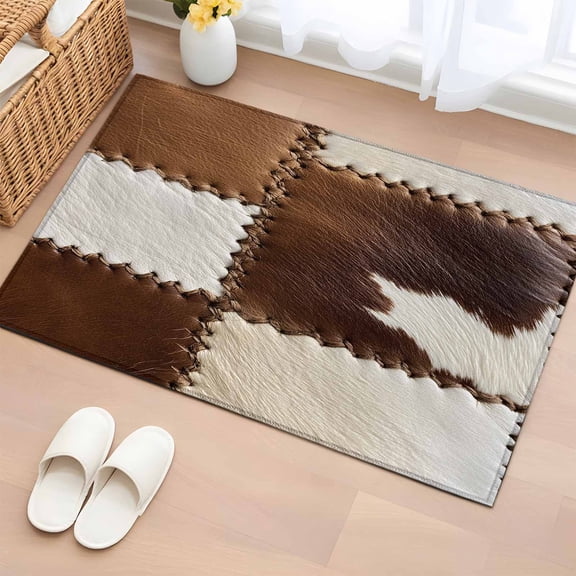Brown White Leather Texture Bathroom Mats 2x3 FT, Non Slip Small Kitchen Mat, Abstract Art Cowhide Washable Soft Backed Front Door Throw Rugs Non-Shedding Indoor Outdoor Doormat for Entryway Sink