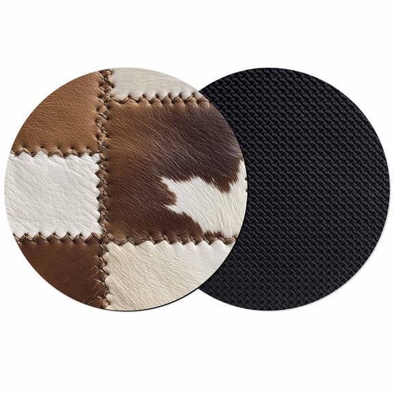 Brown White Leather Texture Coasters Set of 2, Abstract Art Cowhide Absorbent Coasters for Drinks, Coaster for Bar Office Dining Coffee Table Accessories Decor, Non Slip Round Desk Coaster
