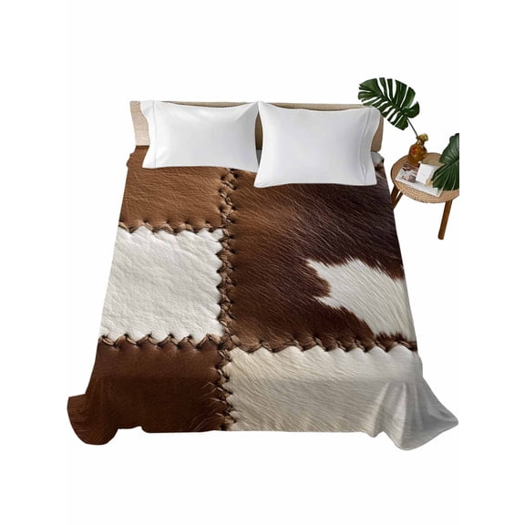 Brown White Leather Texture Flat Sheet Only Twin Size, Soft Breathable Bed Top Sheets for Mattress, Abstract Art Cowhide Luxury Bedding Flat Sheets for Home Hotel Bedroom Bed Protection