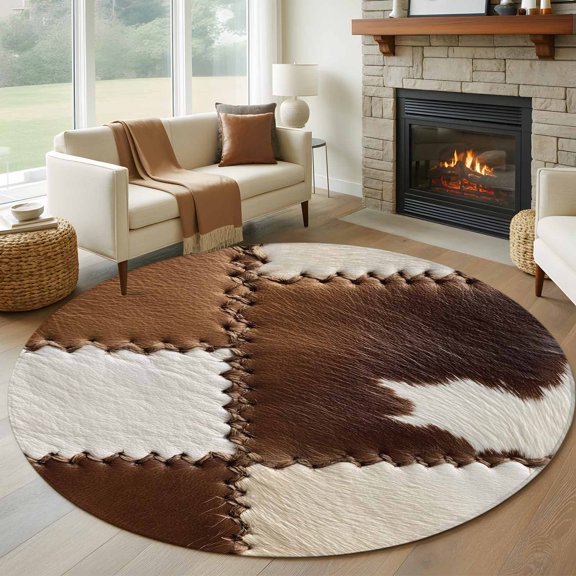 Brown White Leather Texture Round Area Rug 6 FT, Non Slip Bedroom Rugs, Abstract Art Cowhide Washable Soft Circular Carpet Non-Shedding Floor Mat for Kitchen Dining Room Home Office Kids Room