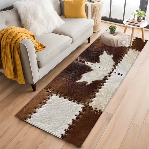 Brown White Leather Texture Runner Rug 2x6 FT,Non Slip Hallway Rugs,Abstract Art Cowhide Washable Soft Floor Carpet Non-Shedding Throw Runner Carpet Long Rug for Entryway Kitchen Bedside Sliding Door