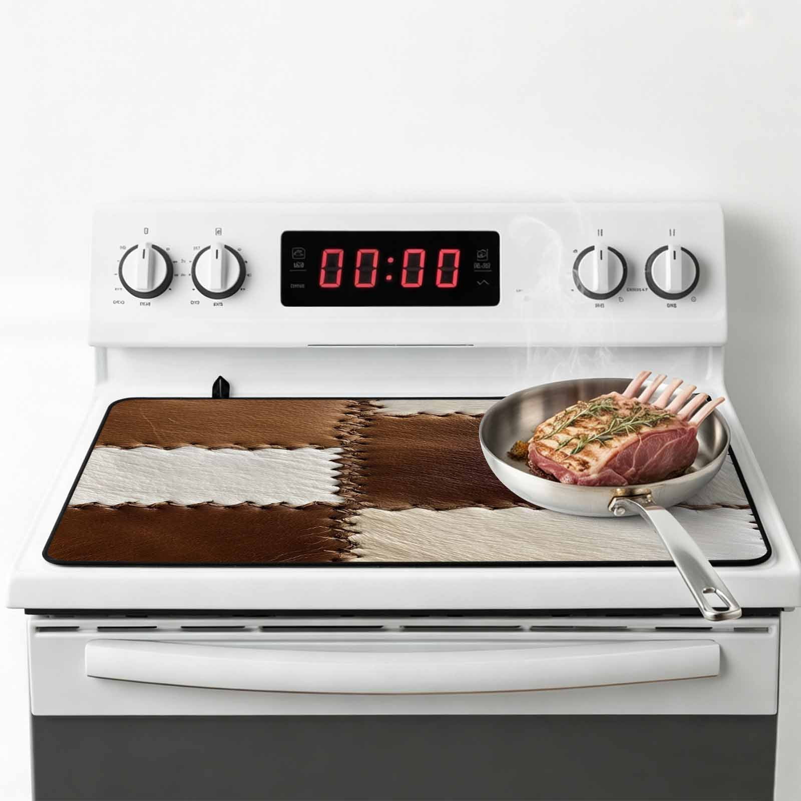Brown White Leather Texture Stove Top Cover for Electric Stove, Heat-proof & Non Slip Glass Top Stove Cover Protector, Abstract Art Cowhide Kitchen Flat Cooktop Rubber Mat 24x21 Inches