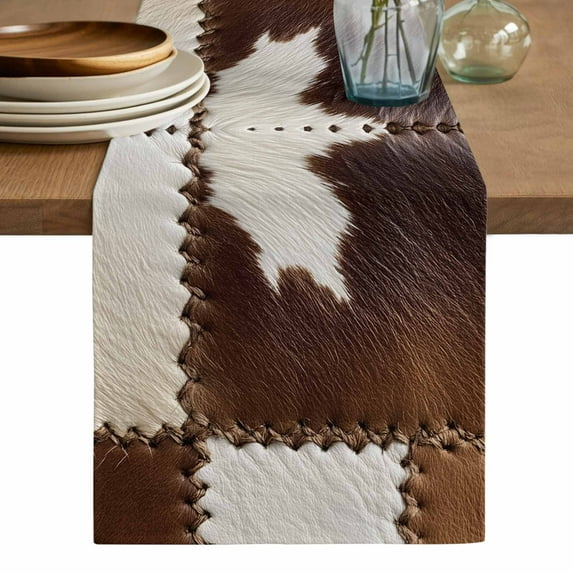 Brown White Leather Texture Table Runner, Abstract Art Cowhide Washable Cotton Linen Table Runners 60 Inches Long, Dresser Scarf Runner for Coffee/TV Stands/Kitchen/Cabinets 13''x60''