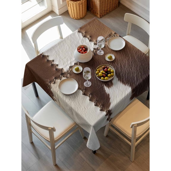 Brown White Leather Texture Tablecloth Square Table Cloth 54x54, Waterproof Outdoor Table Cloth Covers Decorative Table Protector, Abstract Art Cowhide Washable Table Cover for Kitchen Dinning Party