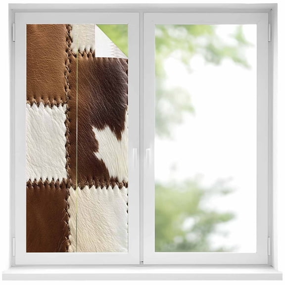 Brown White Leather Texture Window Privacy Film, Abstract Art Cowhide Static Cling UV Sun Blocking Heat Control Window Tint Day and Night, Non-Adhesive One Way Windows Privacy Cover 19.6''x39.3''