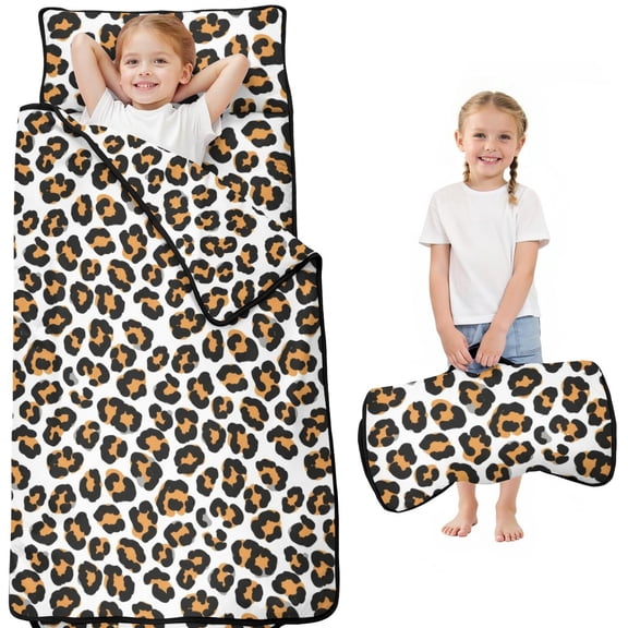 Brown and White Leopard Print Kids Nap Mat, Sleeping Mat with Removable Pillow with Handle & Fastening Straps, Hypoallergenic Gifts for Toddlers Kids Boys Girls,50X20in(130X50cm)