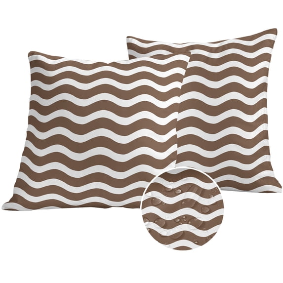 Brown White Outdoor Pillow Covers 16x16 Set of 2,Waterproof Patio Throw Pillowcase Protectors,Modern Abstract Waves Water Ripple Striped Decorative Pillow Shams Cushion Covers for Seat Bed Couch Sofa