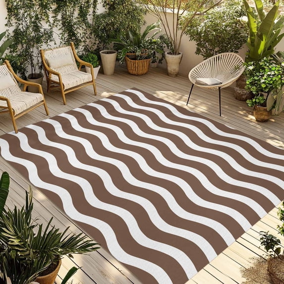 Brown White Outdoor Rug 3x5 Ft - Reversible Patio Rug Outdoor Camping Rugs, Modern Abstract Waves Water Ripple Striped Washable Indoor Outdoor Area Rugs, Non-Slip Outdoor Carpet Runner for Deck/Porch