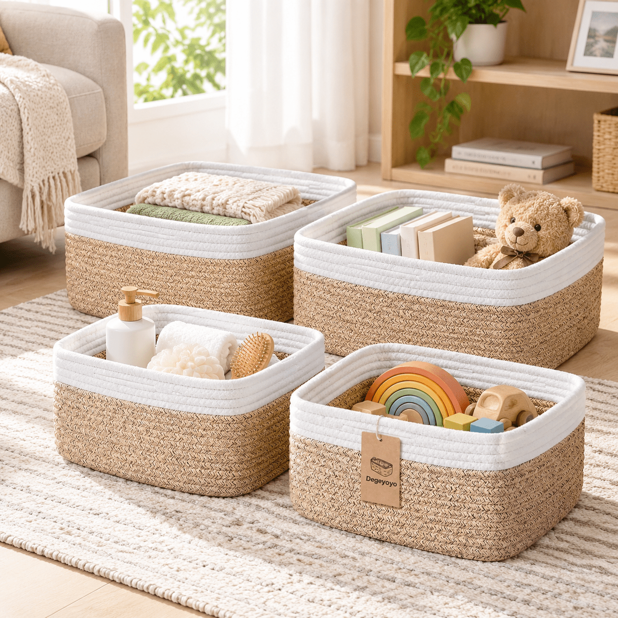 Brown & White Pack of 4 Shallow Storage Baskets for Shelves and Home ...
