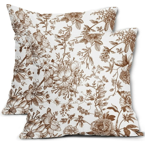 Brown and White Pillow Covers 16x16 Inch Set of 2 Vintage Brown Floral Throw Pillow Covers Morden Outdoor Flower Pillowscase Cotton Linen Cushion Covers for Sofa Couch Bedroom Home Decor