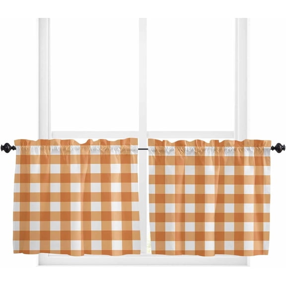 Brown White Plaid Kitchen Curtain 24 Inch Length Small Short Cafe Tiers Curtains Drape, Gradient Geometric Buffalo Checkered Window Treatment Rod Pocket Drapery Panels Curtains, 27.5x24