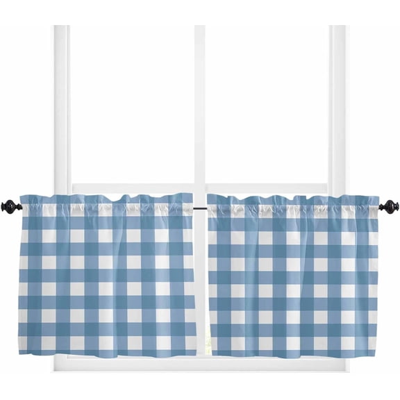 Brown White Plaid Kitchen Curtain 24 Inch Length Small Short Cafe Tiers Curtains Drape, Gradient Geometric Buffalo Checkered Window Treatment Rod Pocket Drapery Panels Curtains, 27.5x24