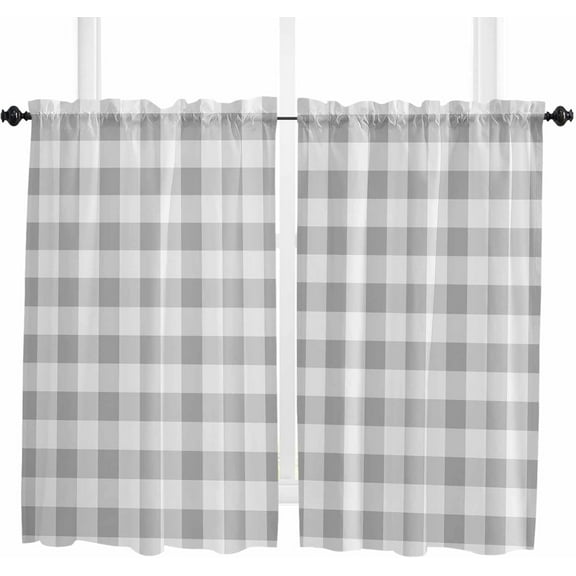 Brown White Plaid Kitchen Curtain 39 Inch Length Small Short Cafe Tiers Curtains Drape, Gradient Geometric Buffalo Checkered Window Treatment Rod Pocket Drapery Panels Curtains, 27.5x39