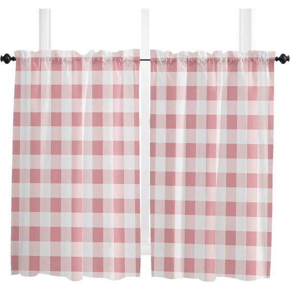 Brown White Plaid Kitchen Curtain 54 Inch Length Small Short Cafe Tiers Curtains Drape, Gradient Geometric Buffalo Checkered Window Treatment Rod Pocket Drapery Panels Curtains, 42x54