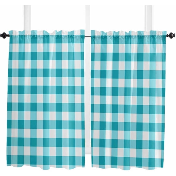 Brown White Plaid Kitchen Curtain 63 Inch Length Small Short Cafe Tiers Curtains Drape, Gradient Geometric Buffalo Checkered Window Treatment Rod Pocket Drapery Panels Curtains, 52x63