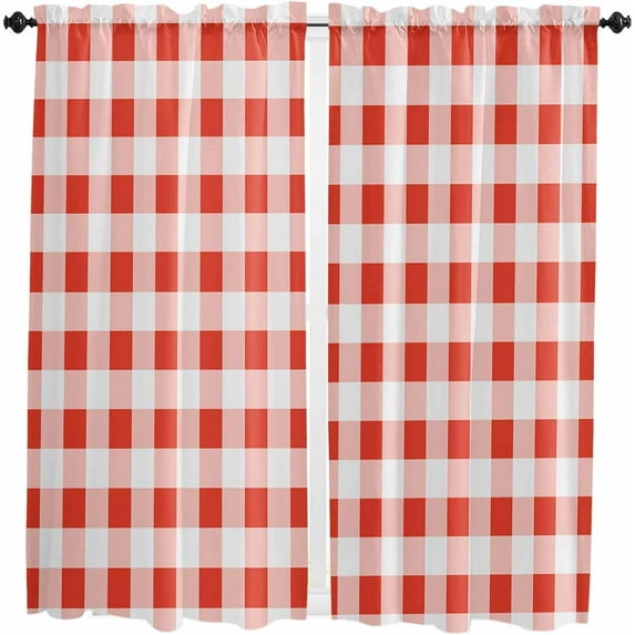Brown White Plaid Kitchen Curtain 63 Inch Length Small Short Cafe Tiers Curtains Drape, Gradient Geometric Buffalo Checkered Window Treatment Rod Pocket Drapery Panels Curtains, 42x63