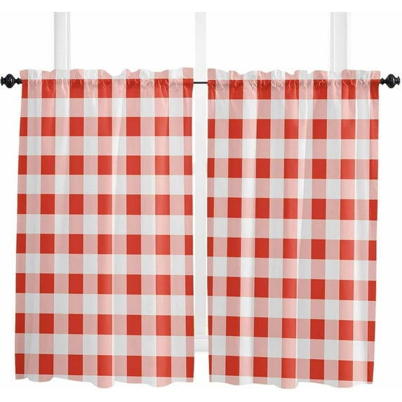Brown White Plaid Kitchen Curtain 84 Inch Length Small Short Cafe Tiers Curtains Drape, Gradient Geometric Buffalo Checkered Window Treatment Rod Pocket Drapery Panels Curtains, 42x84