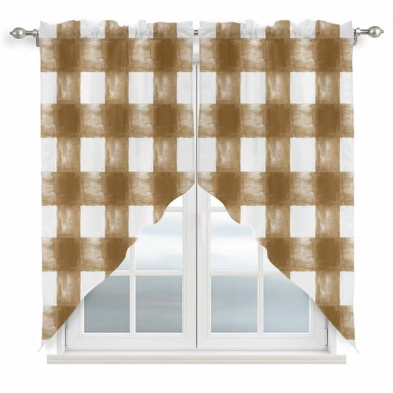 Brown White Plaid Kitchen Window Curtains, Swag Curtains Valance for Bedroom Living Room Bathroom, Watercolor Farmhouse Checkered Rod Pocket Window Treatment Curtain Block Drapes 2 Panels 28"x36"