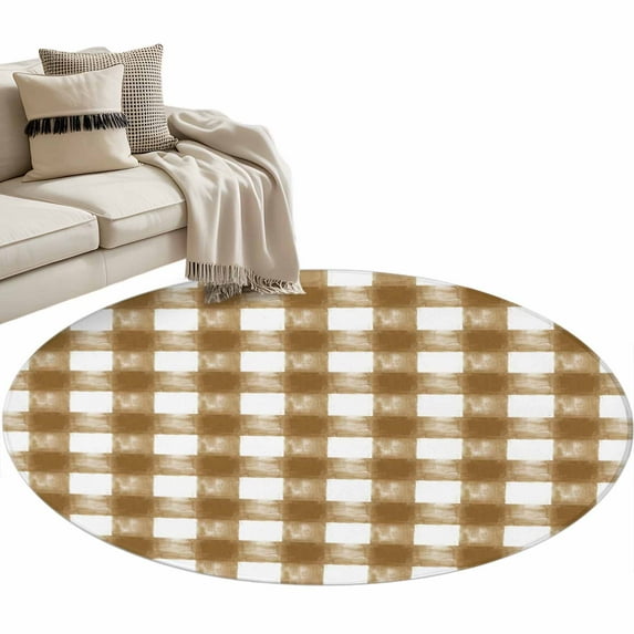Brown White Plaid Large Area Rugs for Bedroom Living Room, Soft Non Slip Carpet Bedside Rug, Watercolor Farmhouse Checkered Round Floor Cover Kitchen Accent Rug 4' for Dining Room/Office