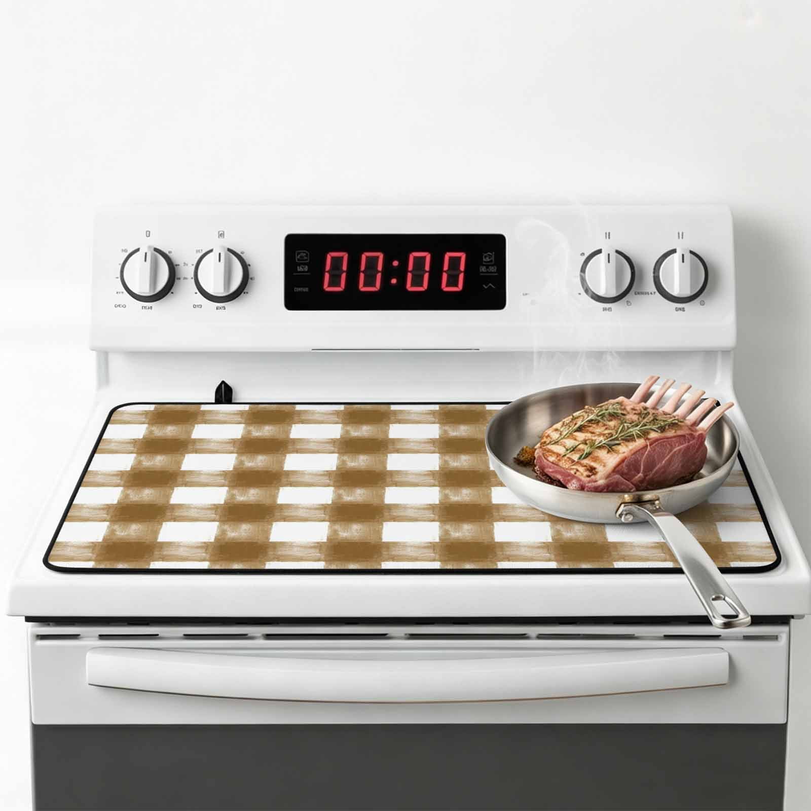 Brown White Plaid Stove Top Cover for Electric Stove, Heat-proof & Non Slip Glass Top Stove Cover Protector, Watercolor Farmhouse Checkered Kitchen Flat Cooktop Rubber Mat 24x21 Inches