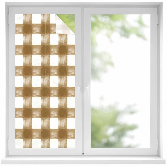 Brown White Plaid Window Privacy Film, Watercolor Farmhouse Checkered Static Cling UV Sun Blocking Heat Control Window Tint Day and Night, Non-Adhesive One Way Windows Privacy Cover 17.7''x39.3''