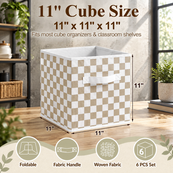 Brown White Plaid and Plain Pattern Fabric Storage Cube Bins, Set of 6