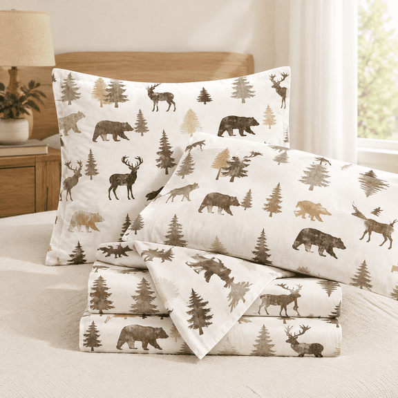 Brown White Queen Size 4-Piece Rustic Lodge Forest Theme Bed Sheet Set