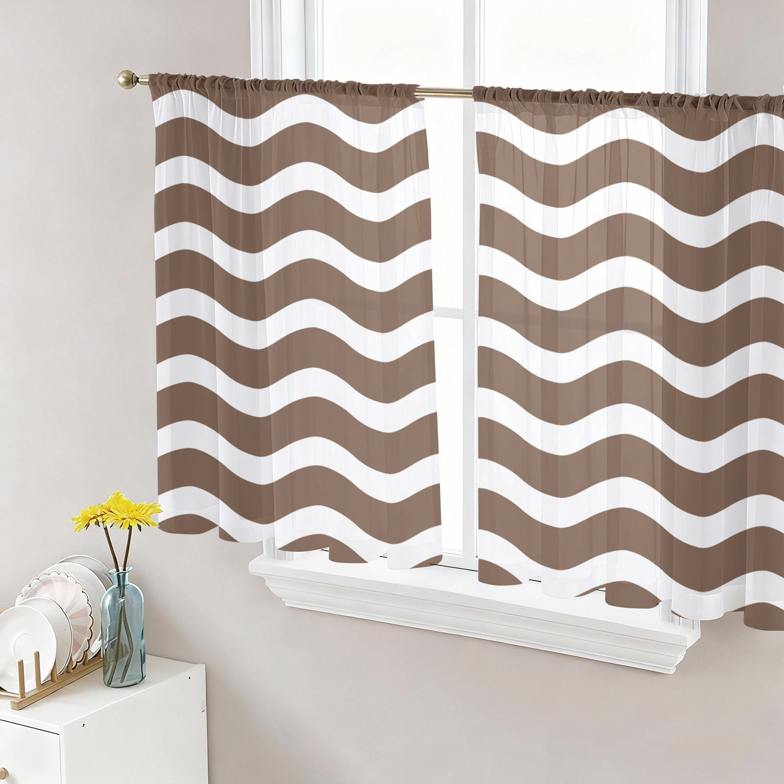 Brown White Semi Sheer Curtains 45 Inch Length 2 Panels Set, Modern ...