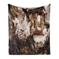 thumbnail image 1 of Brown and White Soft Flannel Fleece Throw Blanket, Building with Animals Lion Hawk and Turtle Illustration, Cozy Plush for Indoor and Outdoor Use, 70" x 90", Brown Pale Brown White, by Ambesonne, 1 of 5