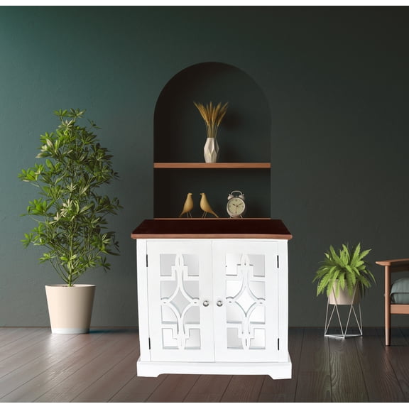 Brown/White Solid Wood Accent Cabinet - 31.5"W Mirror Door Storage Cabinet with Shelf, 16"D X 31.5"H