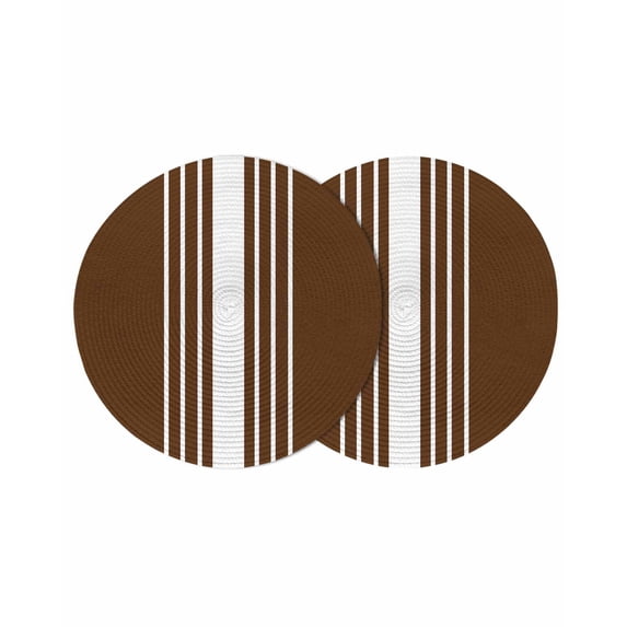Brown White Stripe Round Placemats Set of 2 for Dinning Tables,Heat-proof Braided Table Mats 15 Inch,Modern Rustic Vertical Striped Washable Place Mat for Kitchen Restaurant Party Decor Table Setting