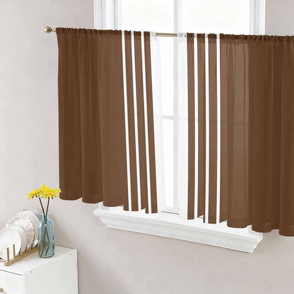 Brown White Stripe Semi Sheer Curtains 54 Inch Length 2 Panels Set, Modern Rustic Vertical Striped Sheer Kitchen Curtain Privacy Voile Window Curtain for Living Room Bedroom Rod Pocket Drapes