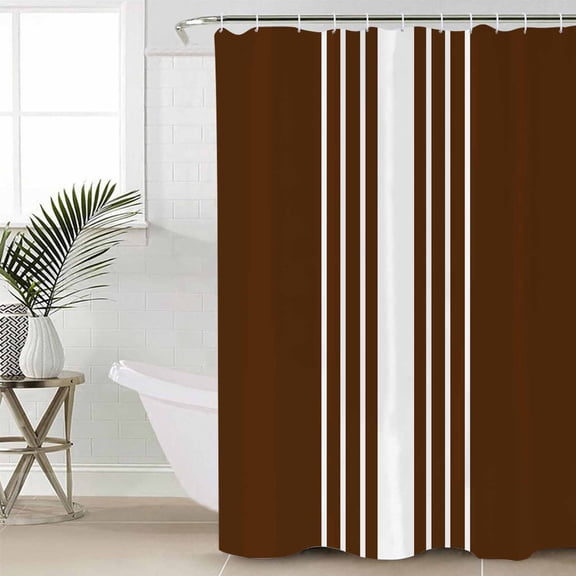 Brown White Stripe Shower Curtain Set, Waterproof Shower Curtains for Bathroom, Modern Rustic Vertical Striped Washable Fabric Cloth Bath Curtain for Bathtub Decoration with Hooks 66x72 Inches
