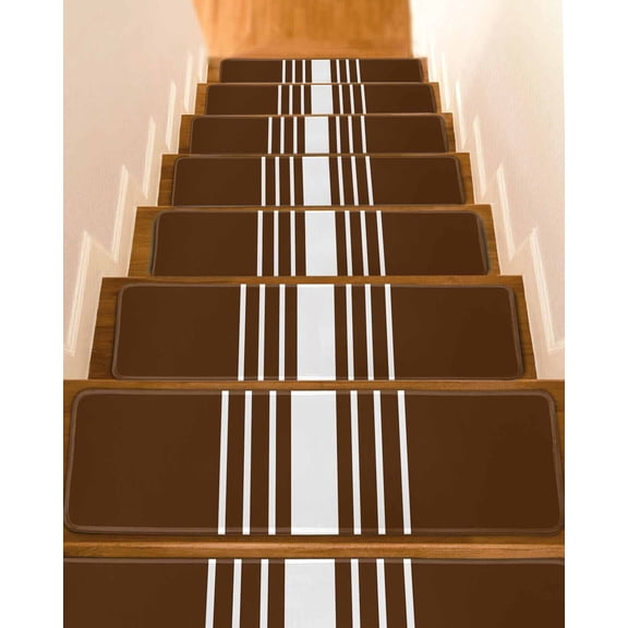 Brown White Stripe Stair Treads for Wooden Steps Indoor Runner Rug Carpet, Modern Rustic Vertical Striped 4 Pieces Peel and Stick Staircase Step Treads Covers Washable Throw Door Mats, 30"x8"