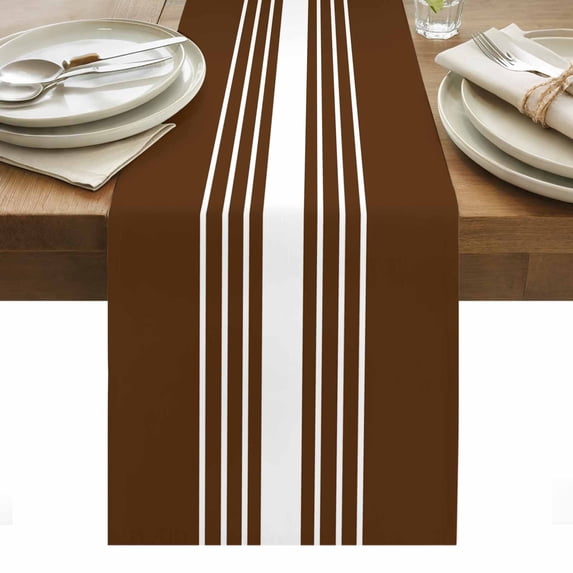 Brown White Stripe Table Runner - 48 Inch Long, Kitchen Dining Table Runner Dresser Scarves, Modern Rustic Vertical Striped Farmhouse Decor for Coffee Tables Wedding Party Banquet