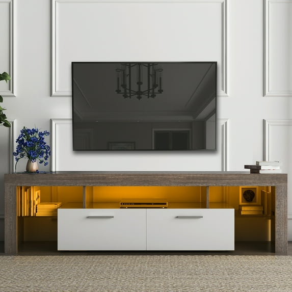 Brown+White TV Stand for 70 inch TV, Farmhouse Rustic Wooden Television Stands TV Cabinet Console Table Stand with 16 Colors LED Lights, Living Room TV Buffet Cabinet with Storage, 63"L×14" W×18"H