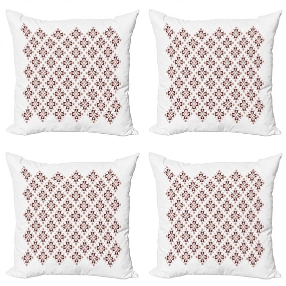 Brown and White Throw Pillow Cushion Case Pack of 4, Native Cultural Pattern from Indonesia Floral Motifs Retro Revival, Modern Accent Double-Sided Print, 4 Sizes, Brown and White, by Ambesonne