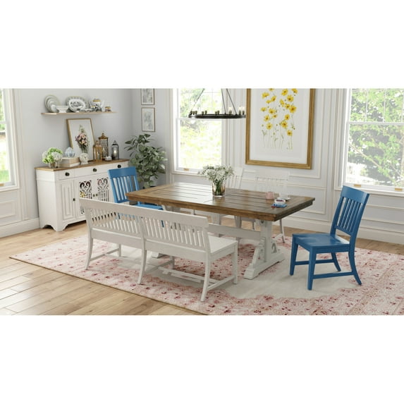 Brown And White Trestle Table For Dining, Solid Wood, 78.0"x40.0"x30.0", Decor, Quick Assembly And Use Dining In White, 30" High, 40" Wide, 78" Long, Style, Easy To Assemble