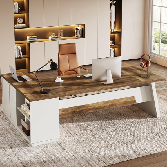 Brown + White Tribesigns L-Shaped Executive Desk with Drawers and File