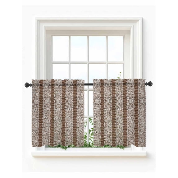 Brown White Vintage Tier Curtains 36 Inch Length,Sheer Curtains for Bedroom Living Room Modern Lace Stripes Vertical Bands Short Kitchen Curtains Drapes for Small Half Window 27.5"x36" 2 Panels