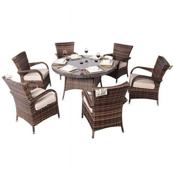 Brown Wicker 7 Pieces Patio Round Table Dining Chairs Set