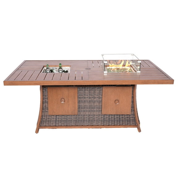 Brown Wicker Outdoor Gas Fire Pit Table with Ice Bucket
