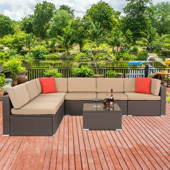 Brown Wicker Patio Furniture Sets on Clearance, 2019 Upgrade 7-Piece Wicker Conversation Set w/2 Corner Sofa, Tempered Glass Table, 4 Single Sofa, 12 Padded Cushions, 2 Pillows, White, S7176